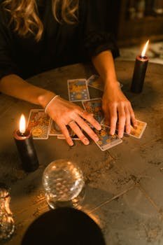 manos puestas sobre una mesa para tirada completa de tarot